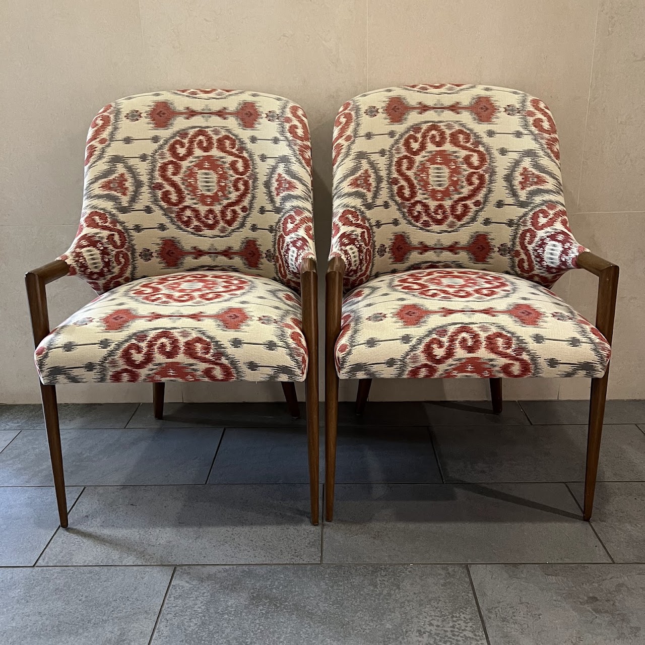 Ikat Upholstered Shelter-Back Armchair Pair