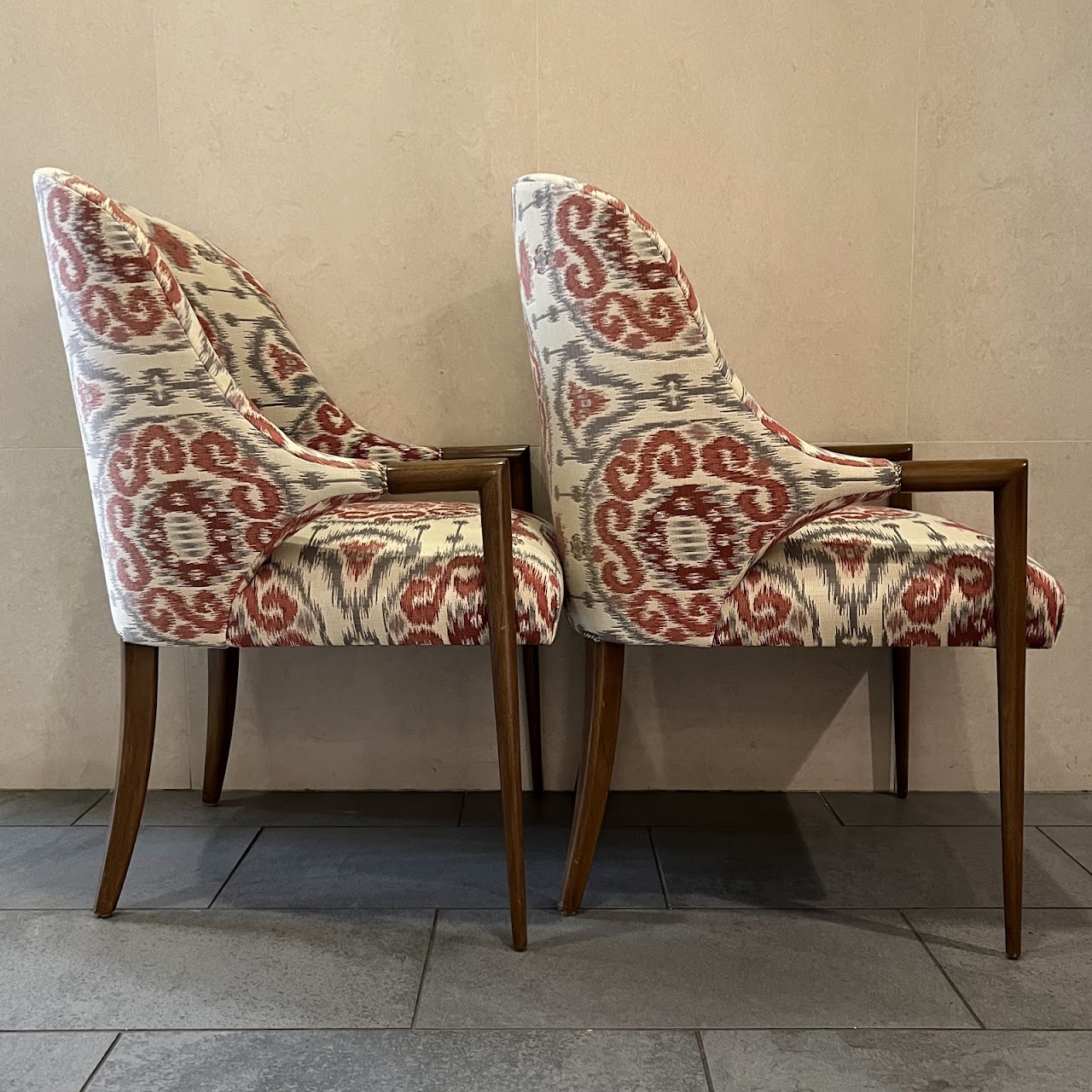 Ikat Upholstered Shelter-Back Armchair Pair