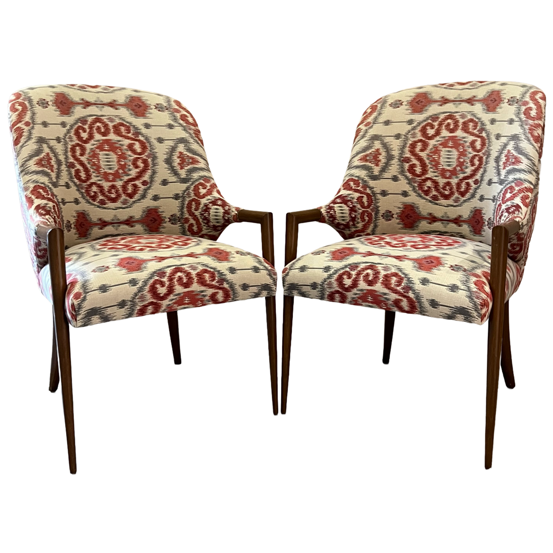 Ikat Upholstered Shelter-Back Armchair Pair