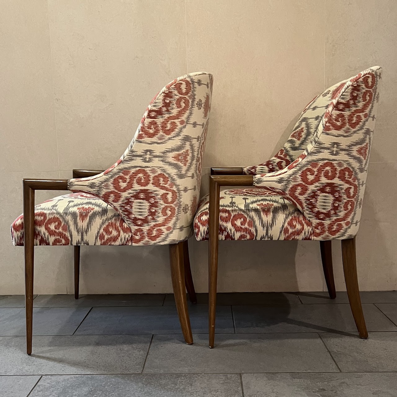 Ikat Upholstered Shelter-Back Armchair Pair