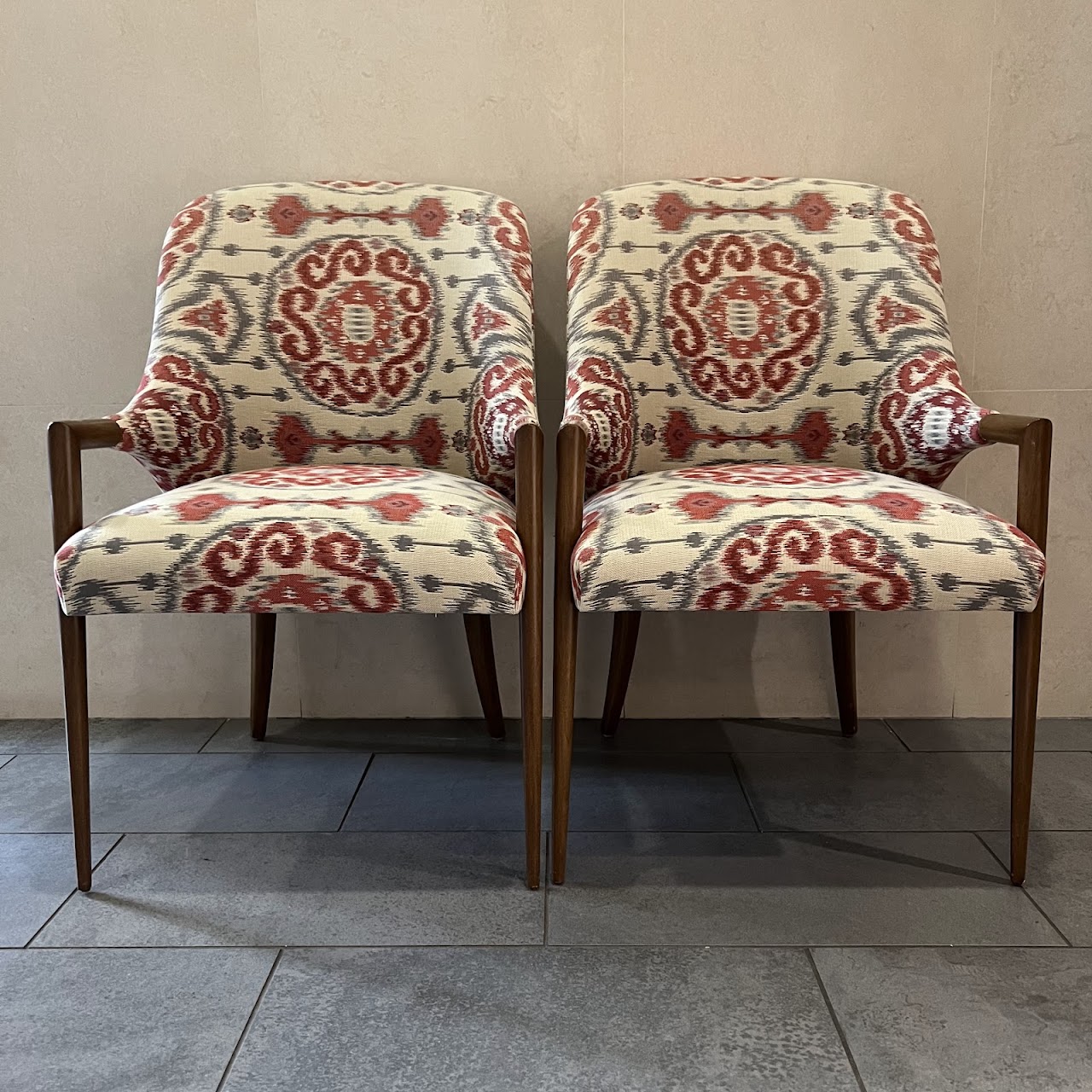 Ikat Upholstered Shelter-Back Armchair Pair