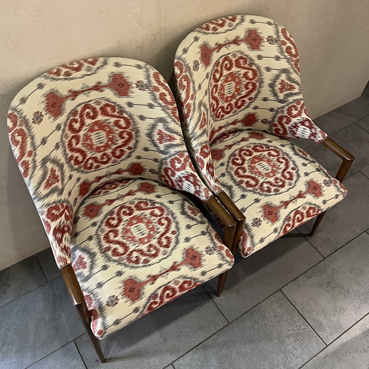 Ikat Upholstered Shelter-Back Armchair Pair