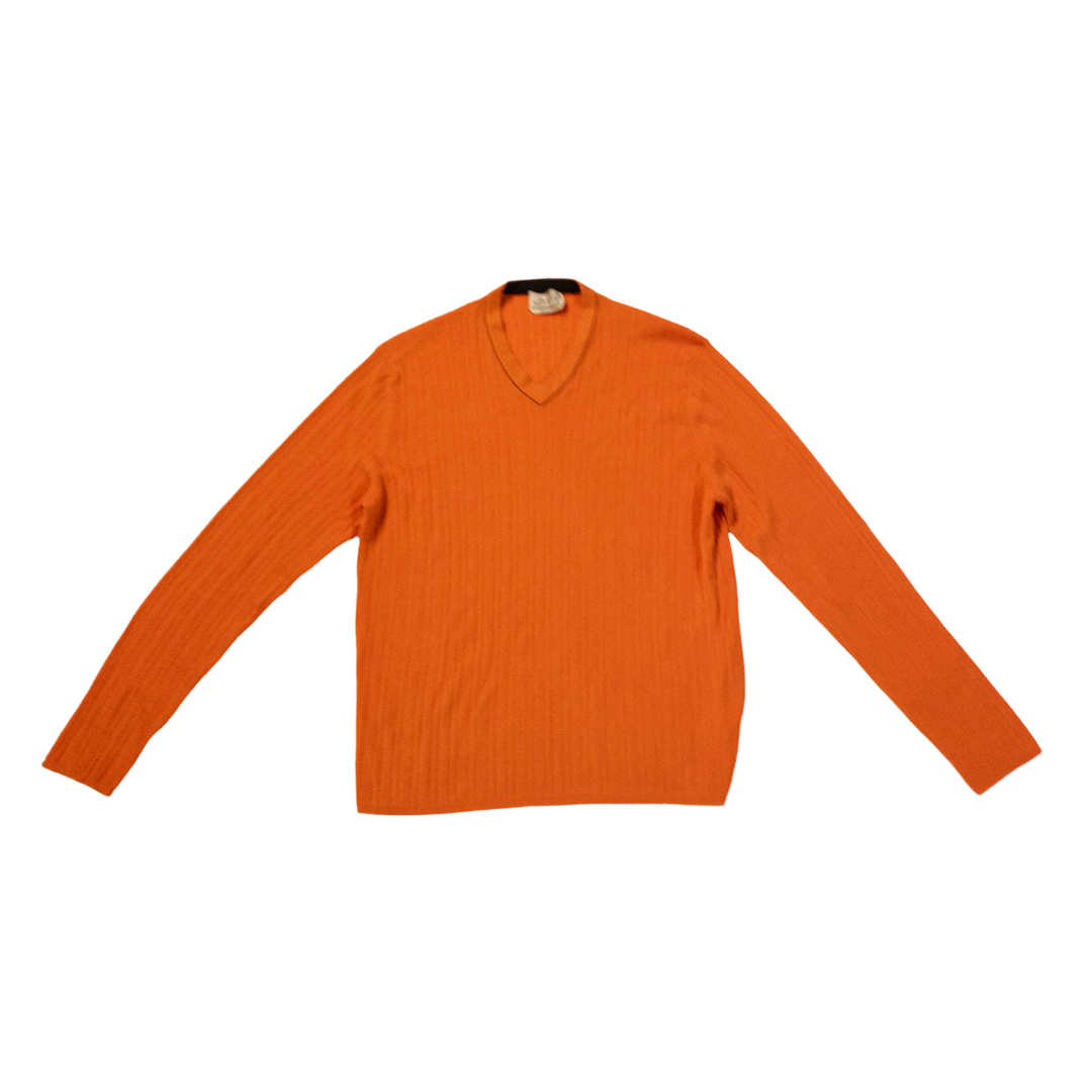 Hermès Pumpkin Orange Vintage Ribbed V-Neck Cashmere Sweater