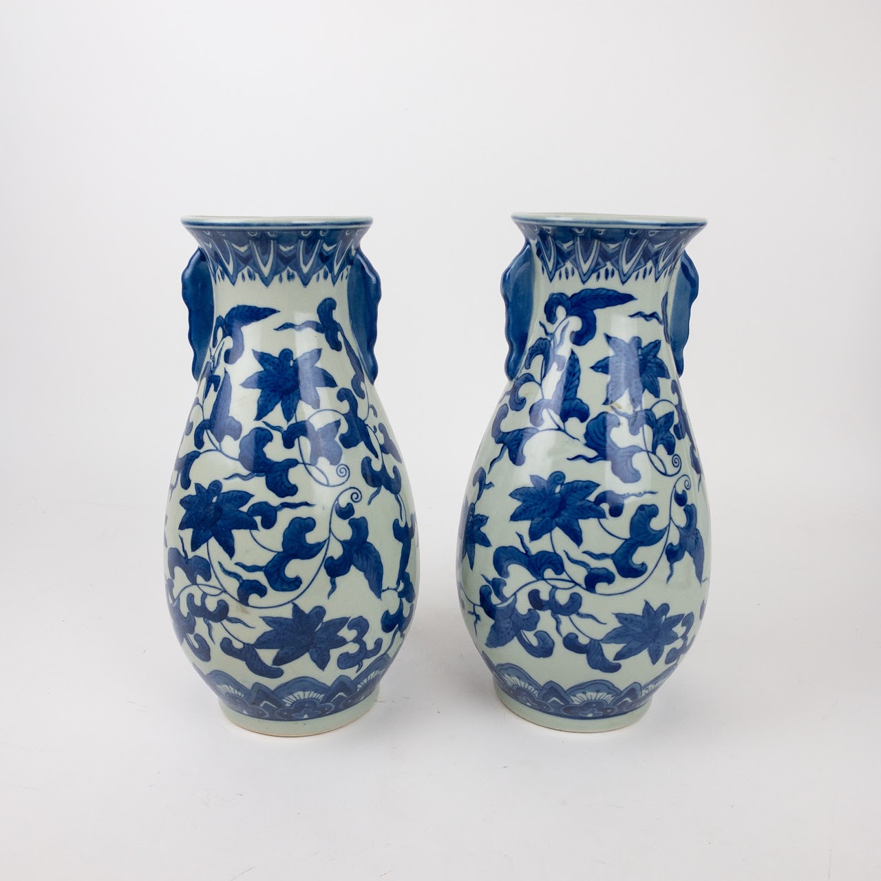 Chinese Blue Vine Stoneware Vase Pair