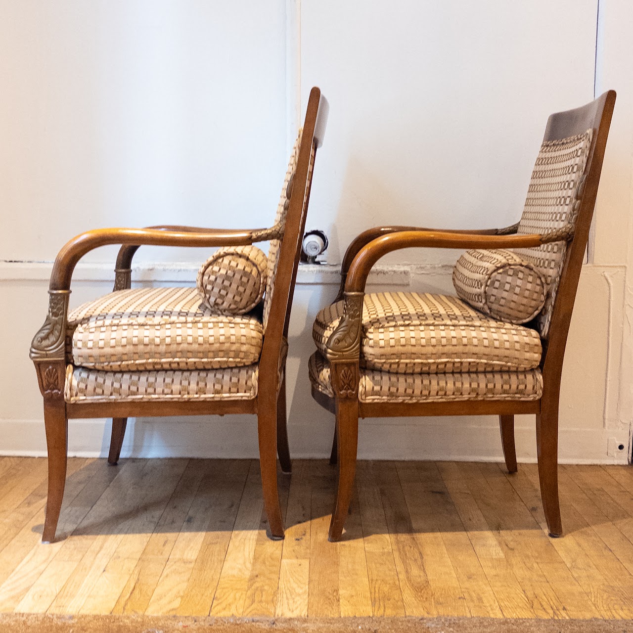 French Empire Style Carved Parcel Gilt Fauteuil Pair