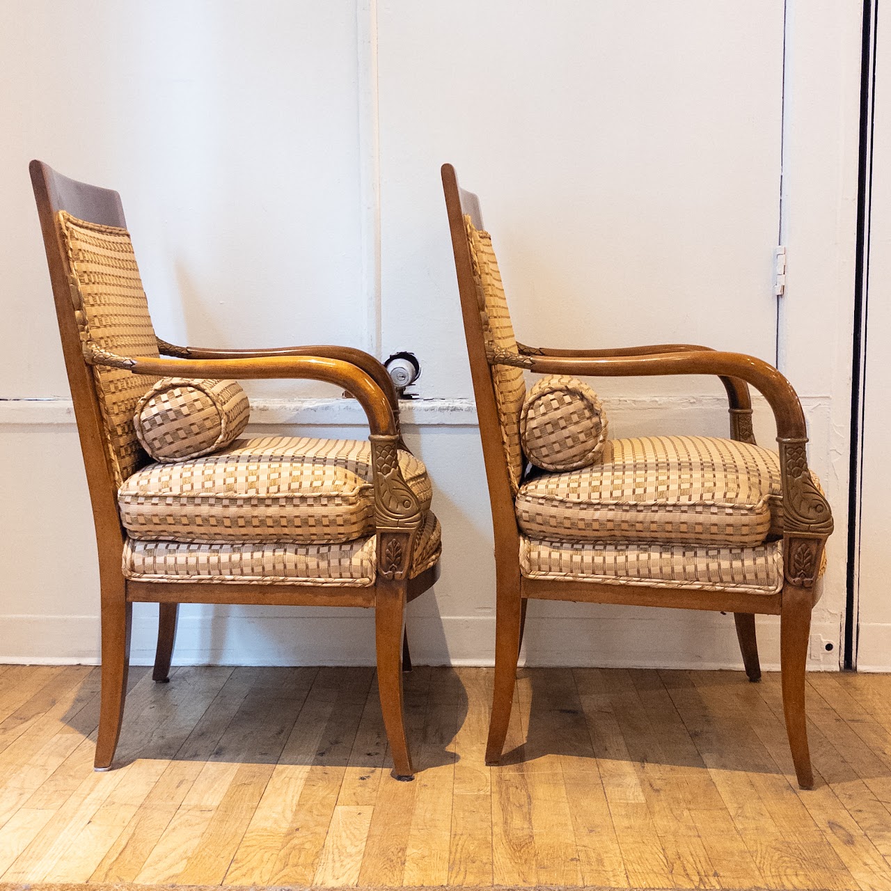 French Empire Style Carved Parcel Gilt Fauteuil Pair