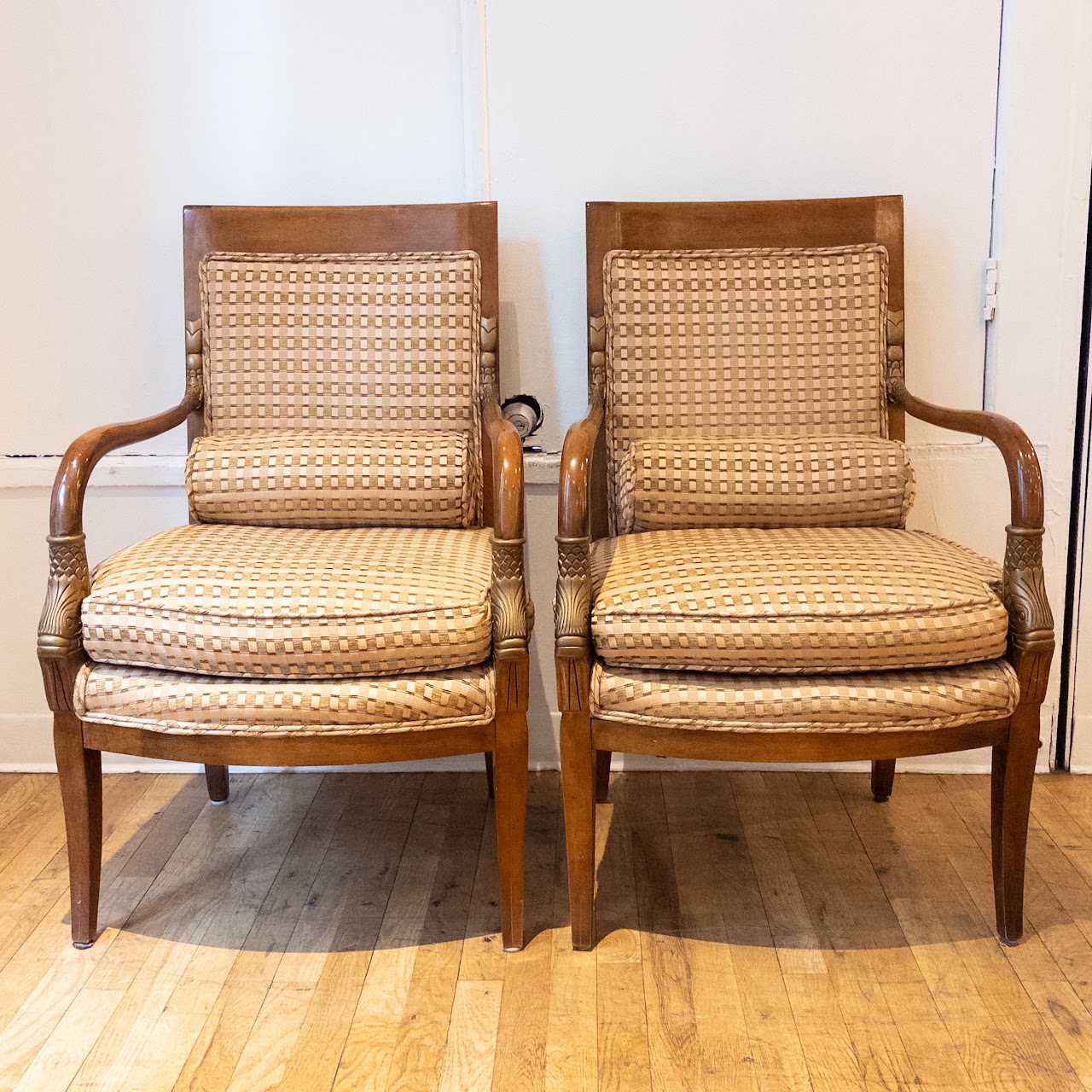 French Empire Style Carved Parcel Gilt Fauteuil Pair