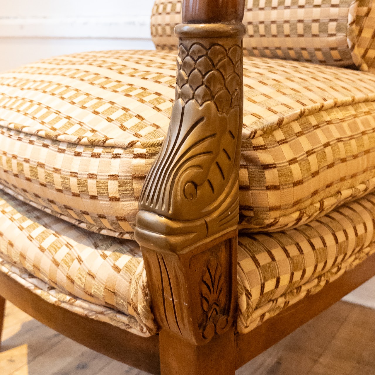 French Empire Style Carved Parcel Gilt Fauteuil Pair