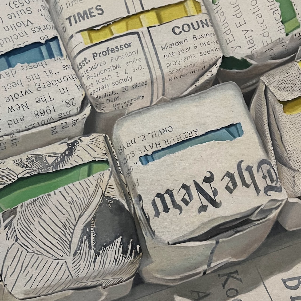 Elyse Taylor Newspaper Wrapped Blocks Signed Oil Painting