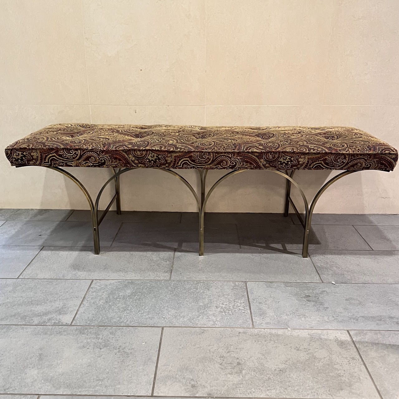 Tufted Jacquard Upholstered Brass Base Bench