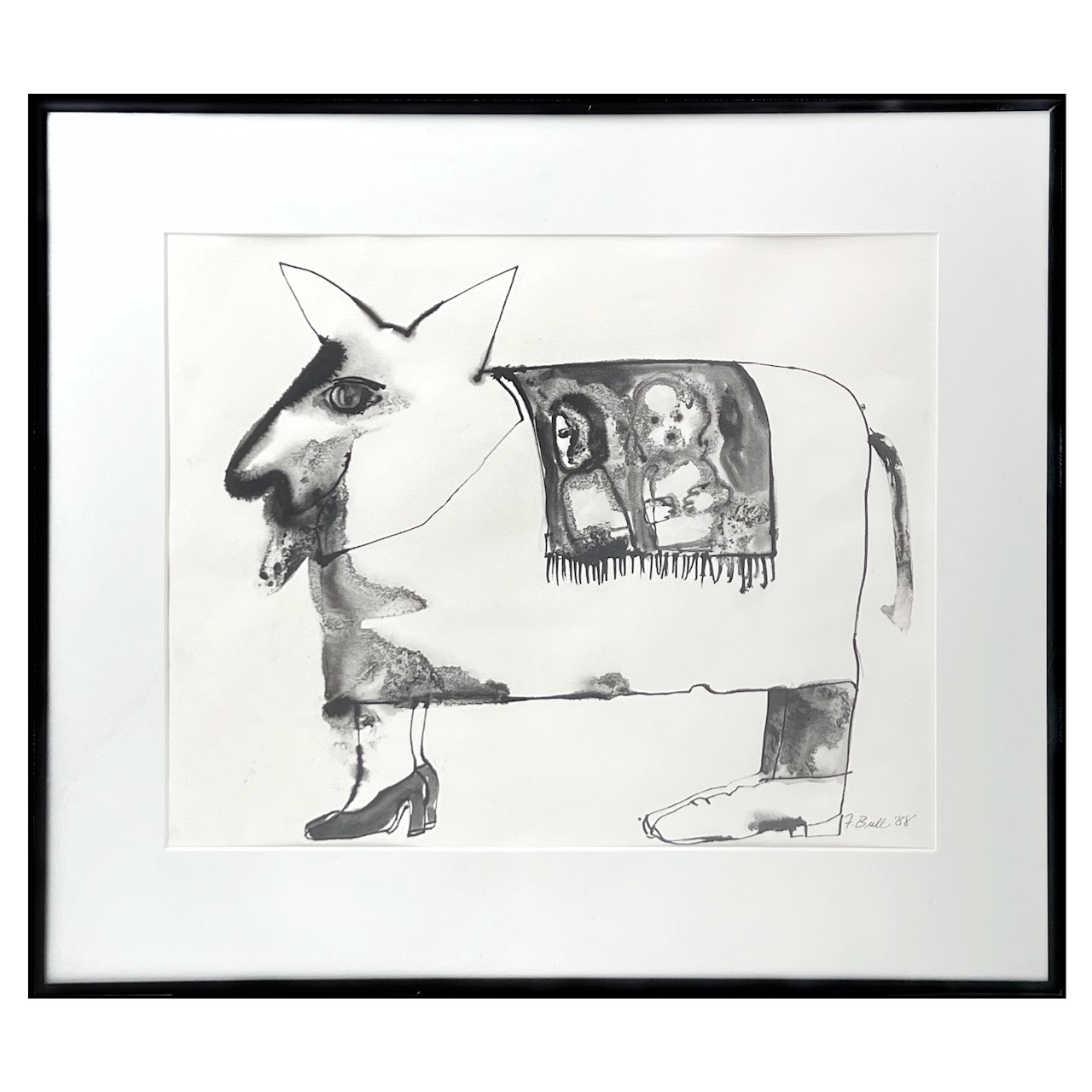 F. Bull Signed India Ink Painting, 1988
