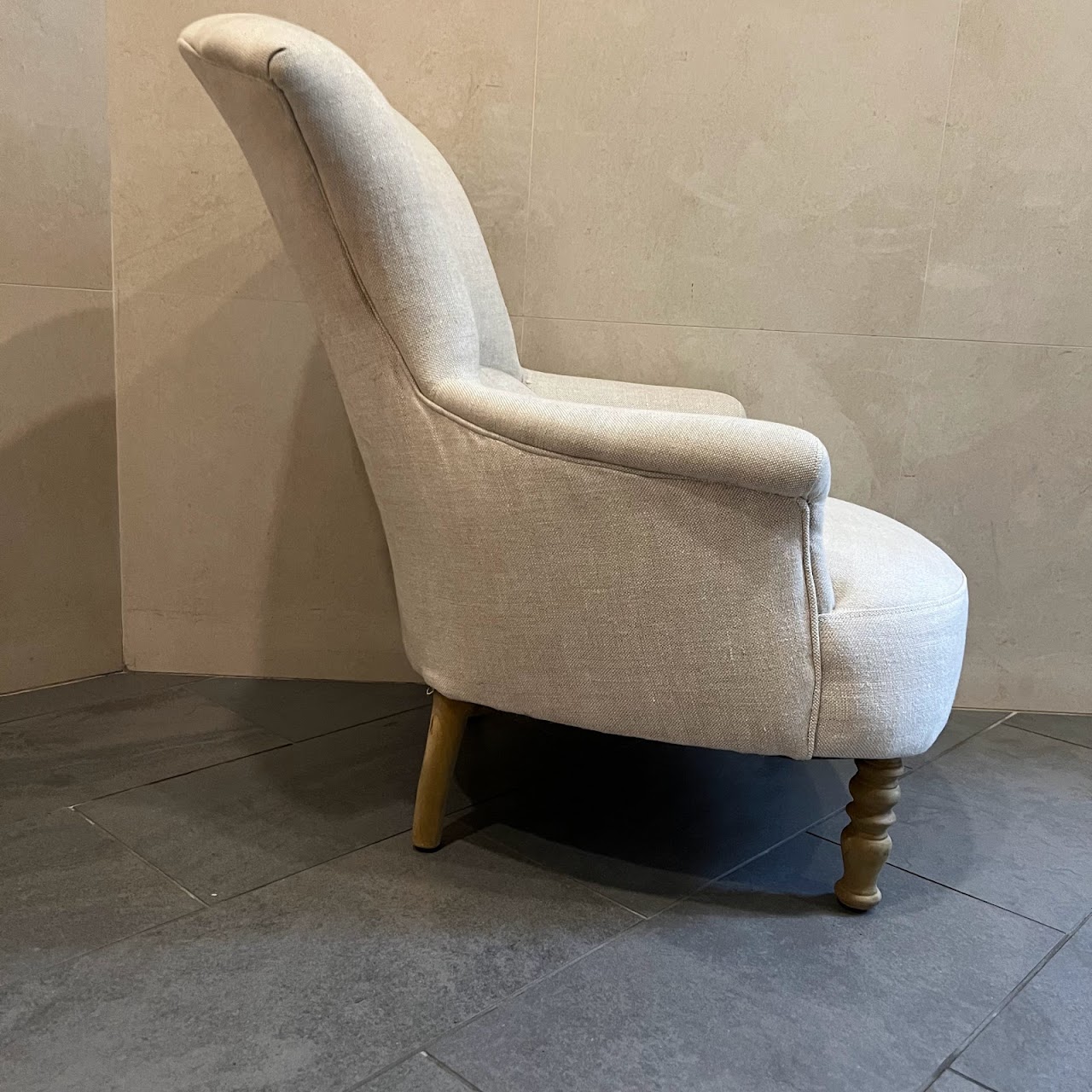 Diminutive Linen Fireside Chair & Ottoman