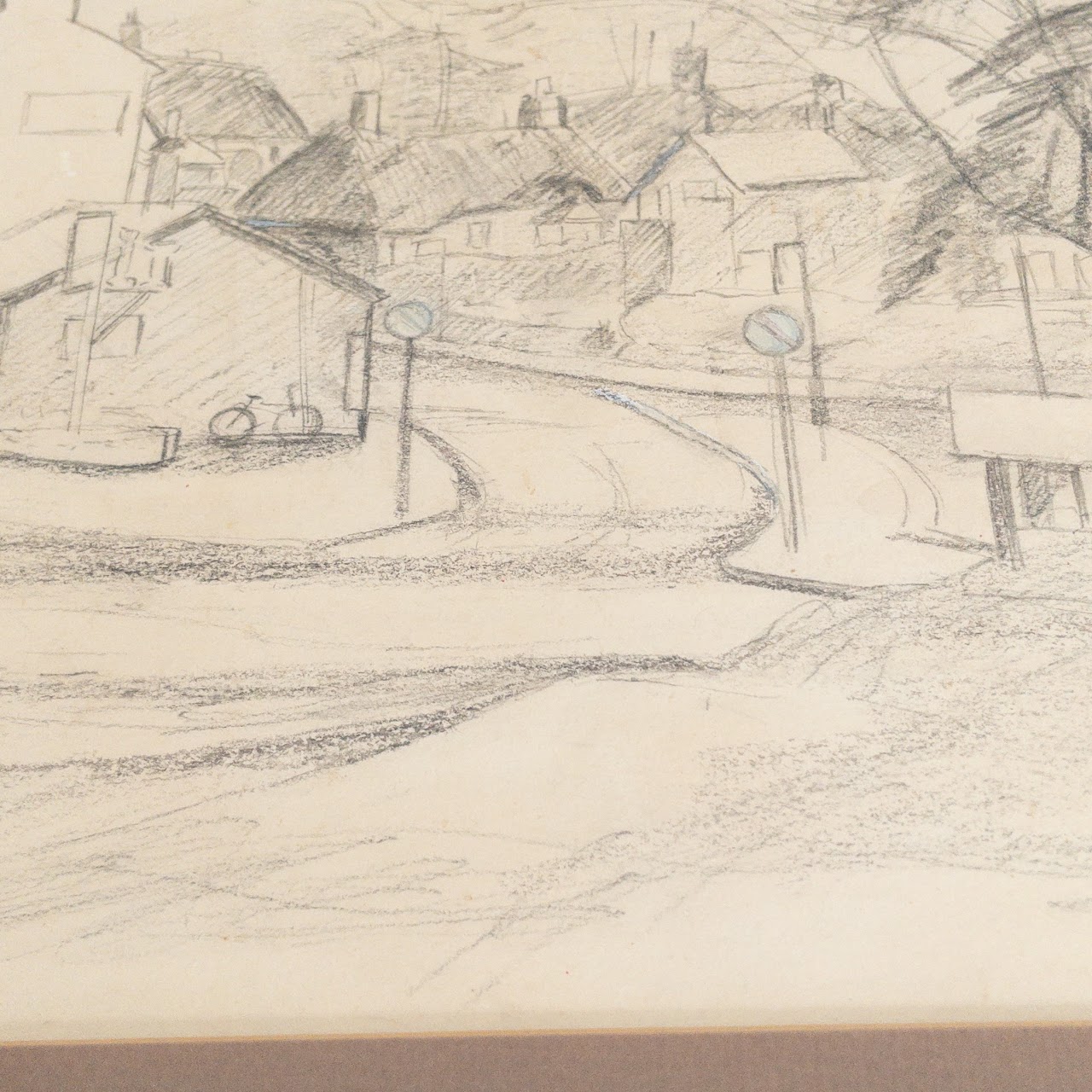Street Scene Signed Pencil Drawing