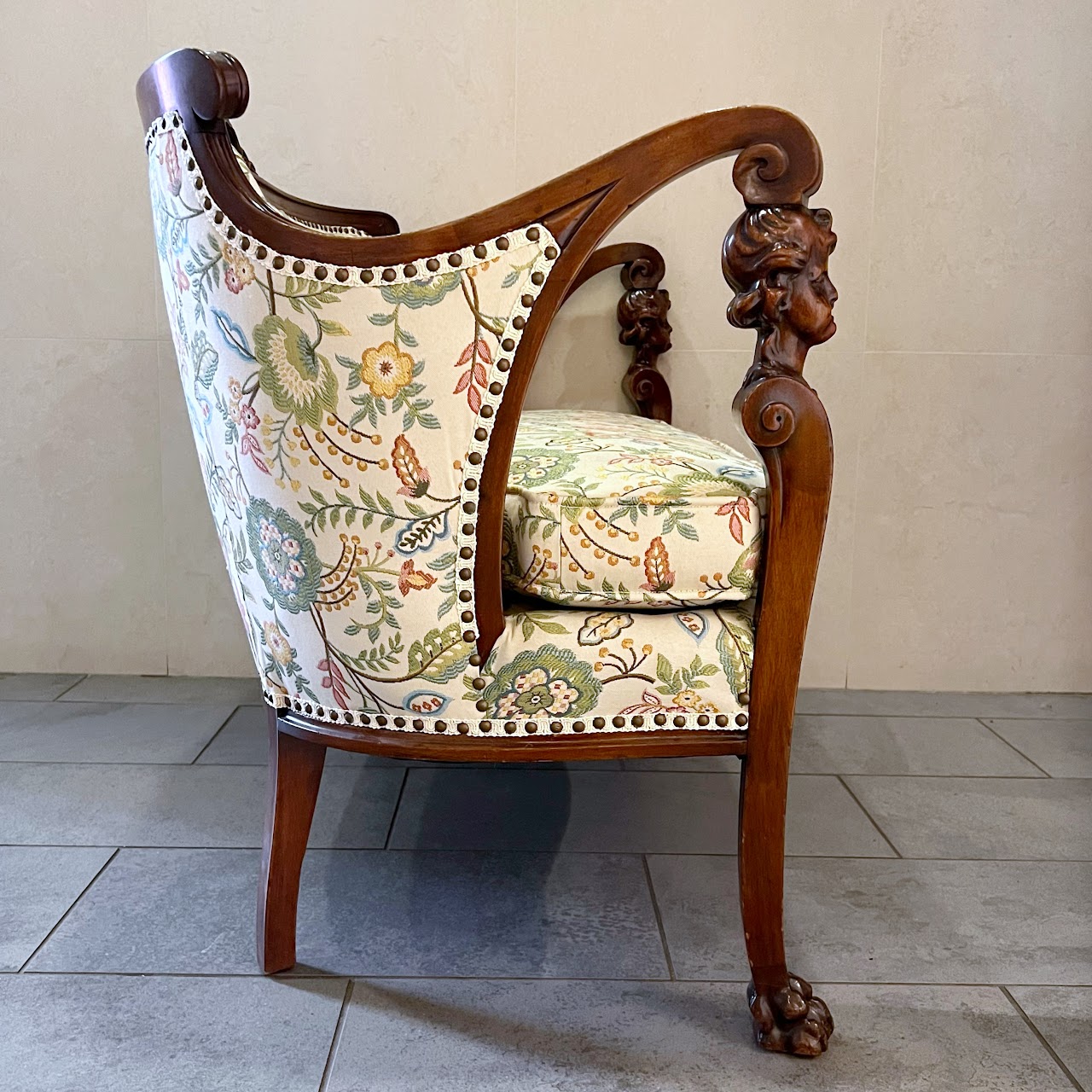 Baroque Revival Carved Mahogany and Floral Jacquard Settee