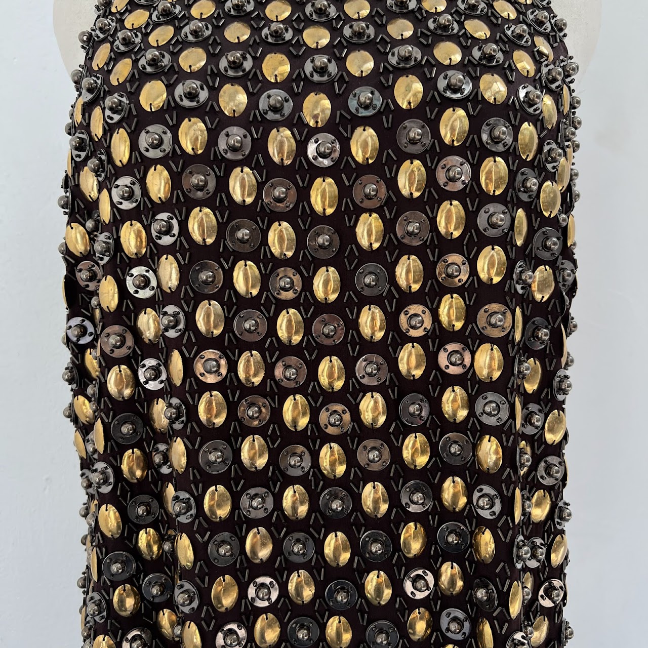 Salvatore Ferragamo Heavy Brass Embroidered Sleeveless Mini Dress