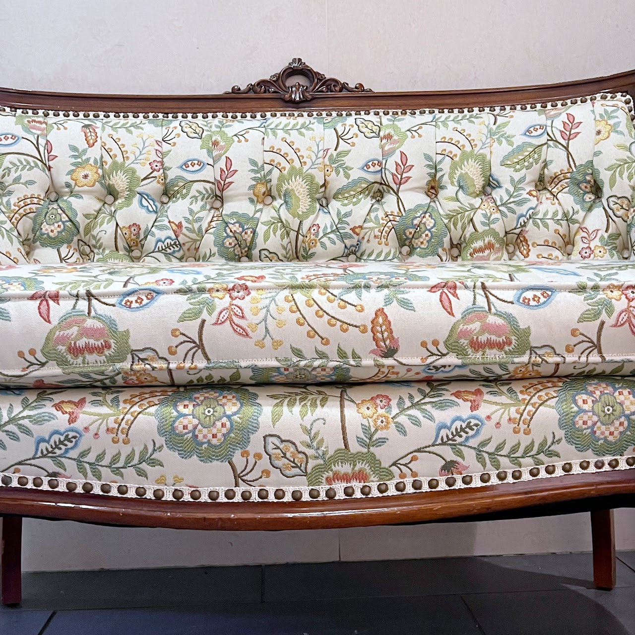 Baroque Revival Carved Mahogany and Floral Jacquard Settee