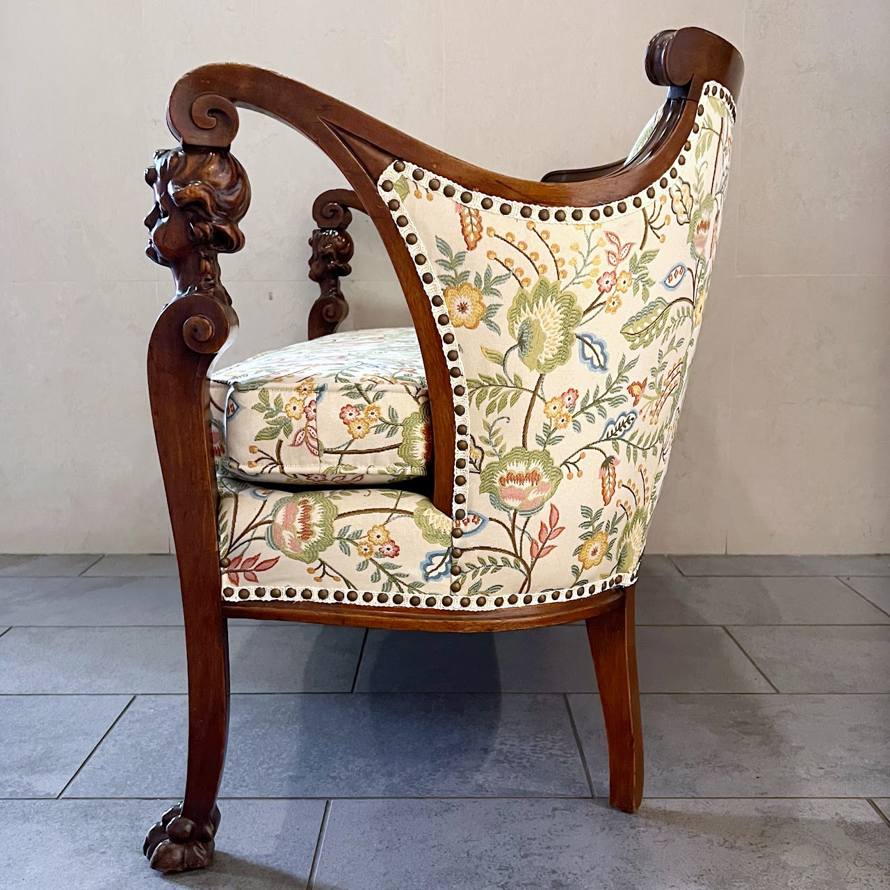 Baroque Revival Carved Mahogany and Floral Jacquard Settee