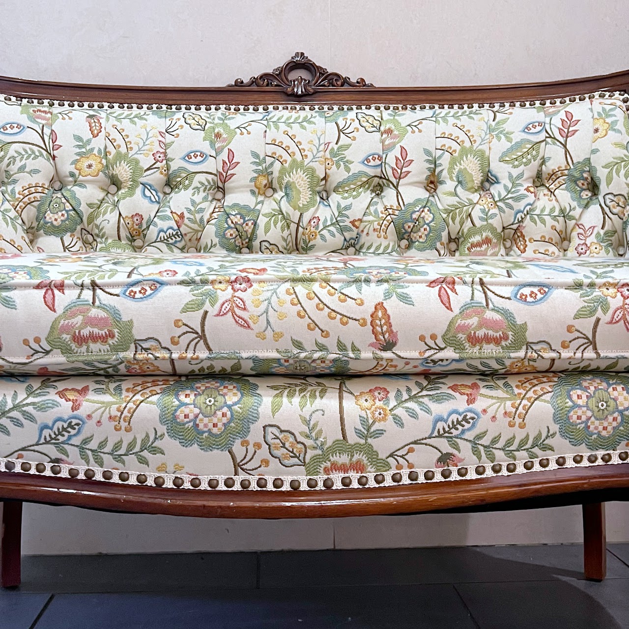 Baroque Revival Carved Mahogany and Floral Jacquard Settee