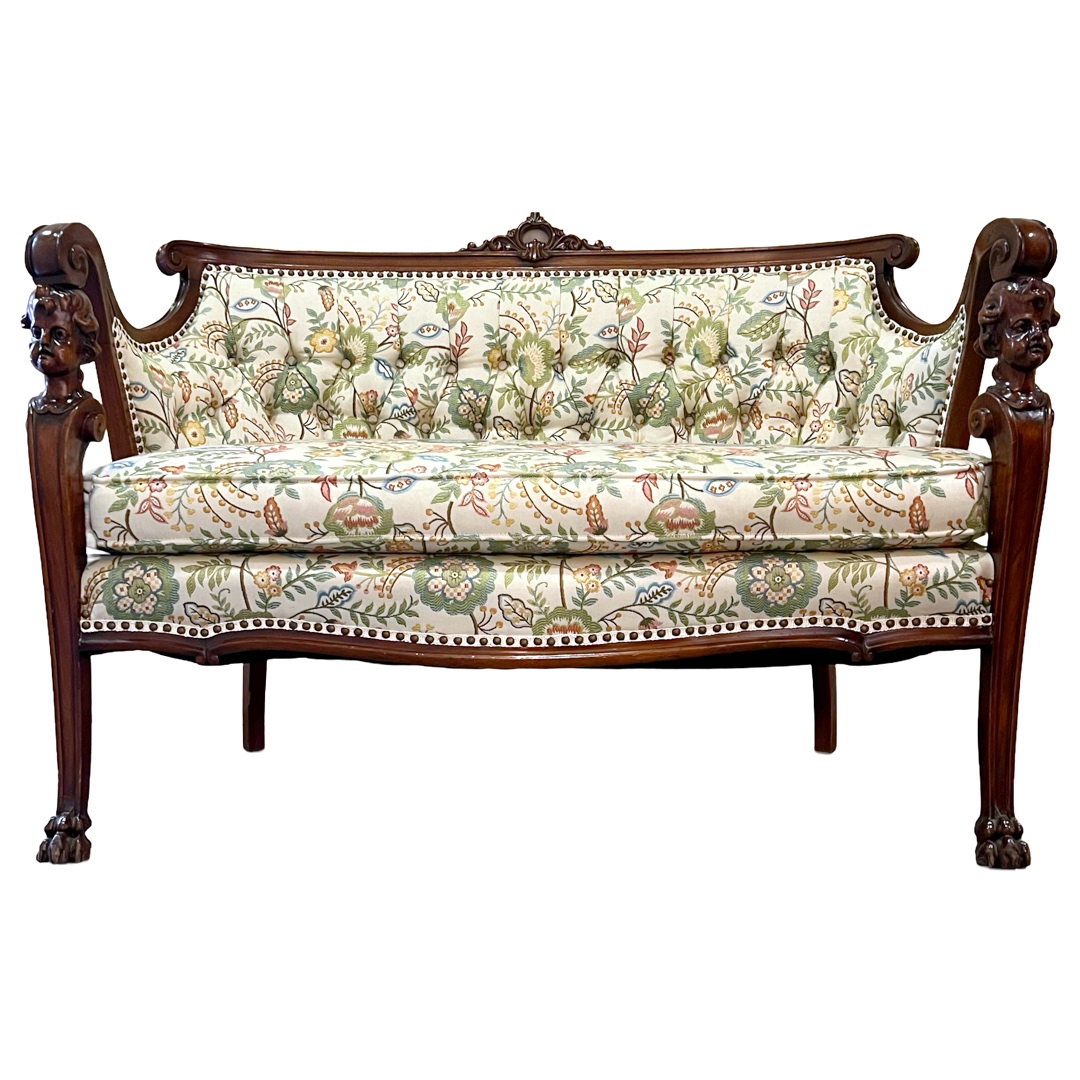 Baroque Revival Carved Mahogany and Floral Jacquard Settee