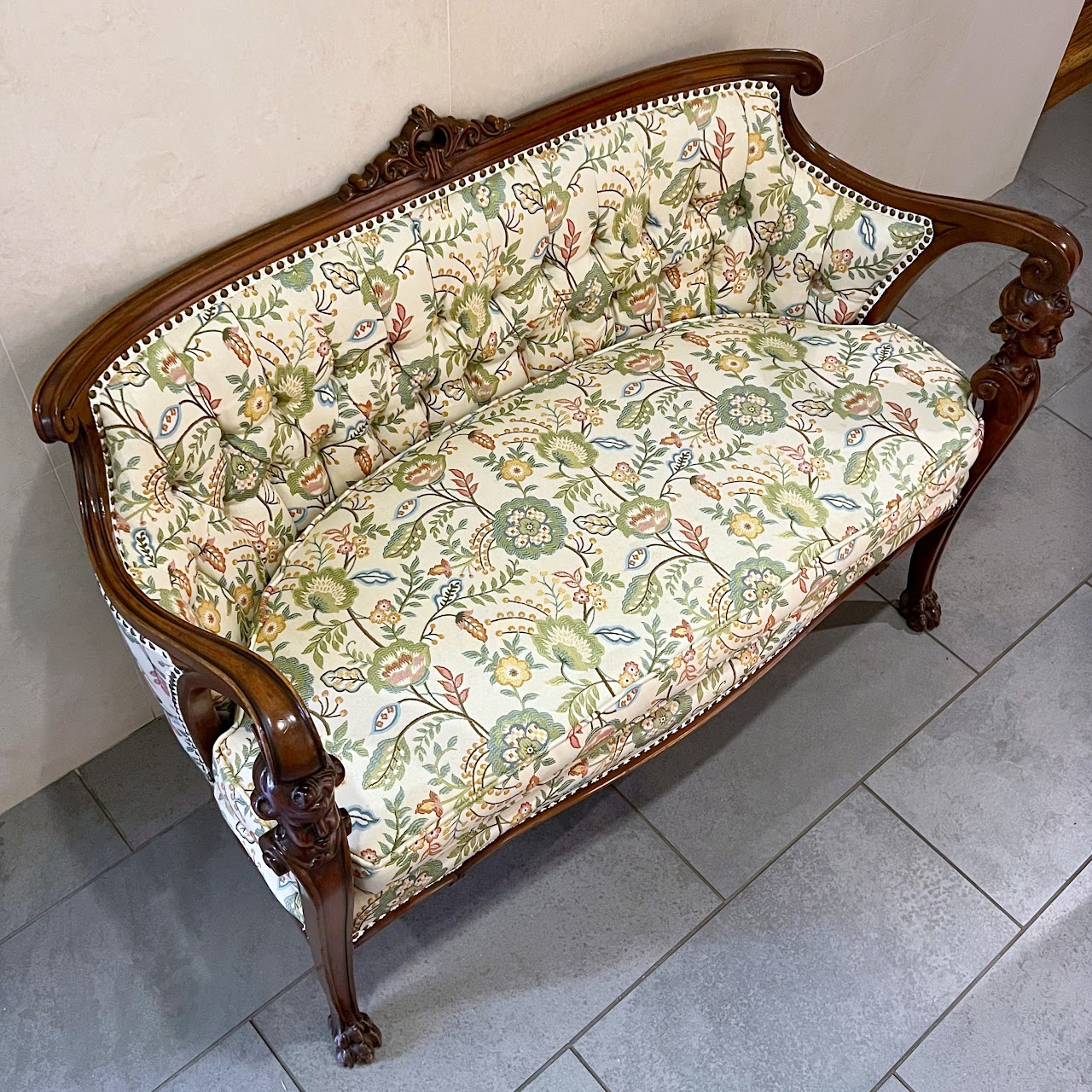 Baroque Revival Carved Mahogany and Floral Jacquard Settee