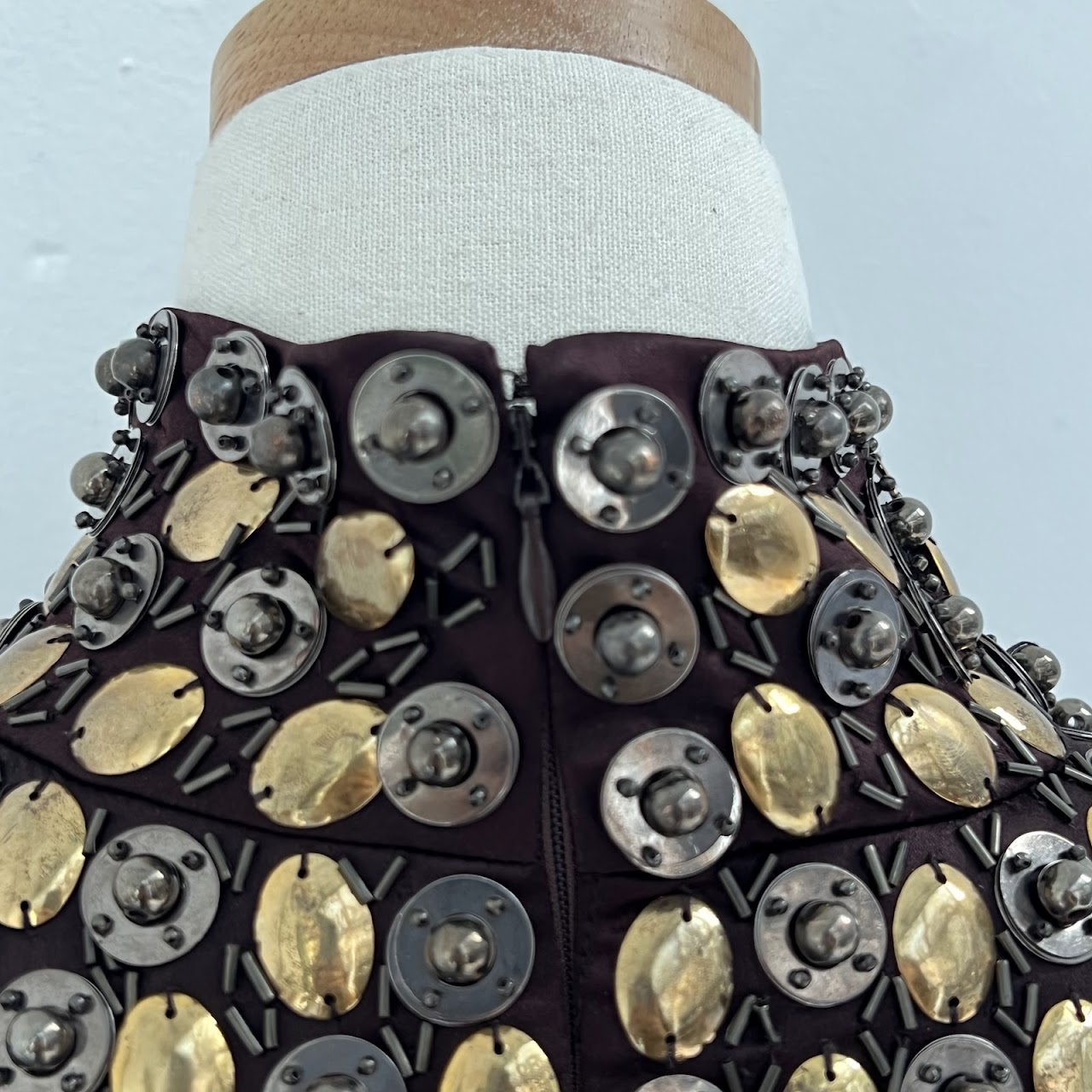 Salvatore Ferragamo Heavy Brass Embroidered Sleeveless Mini Dress