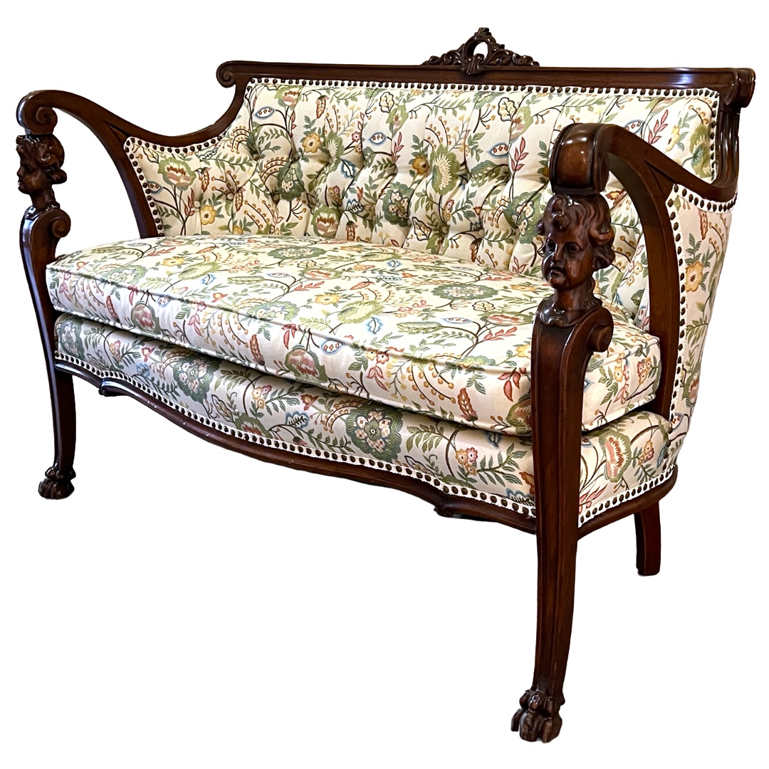 Baroque Revival Carved Mahogany and Floral Jacquard Settee