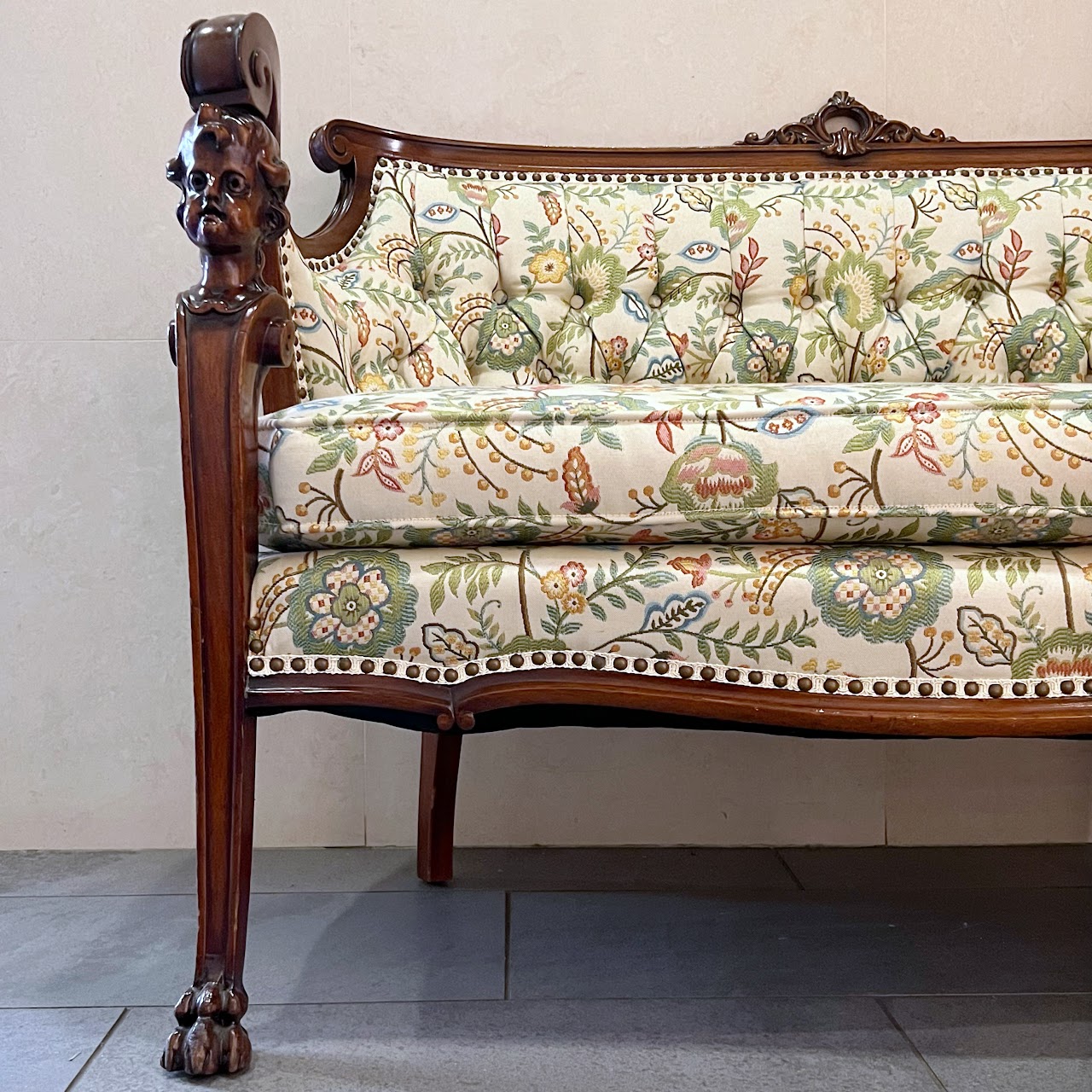 Baroque Revival Carved Mahogany and Floral Jacquard Settee