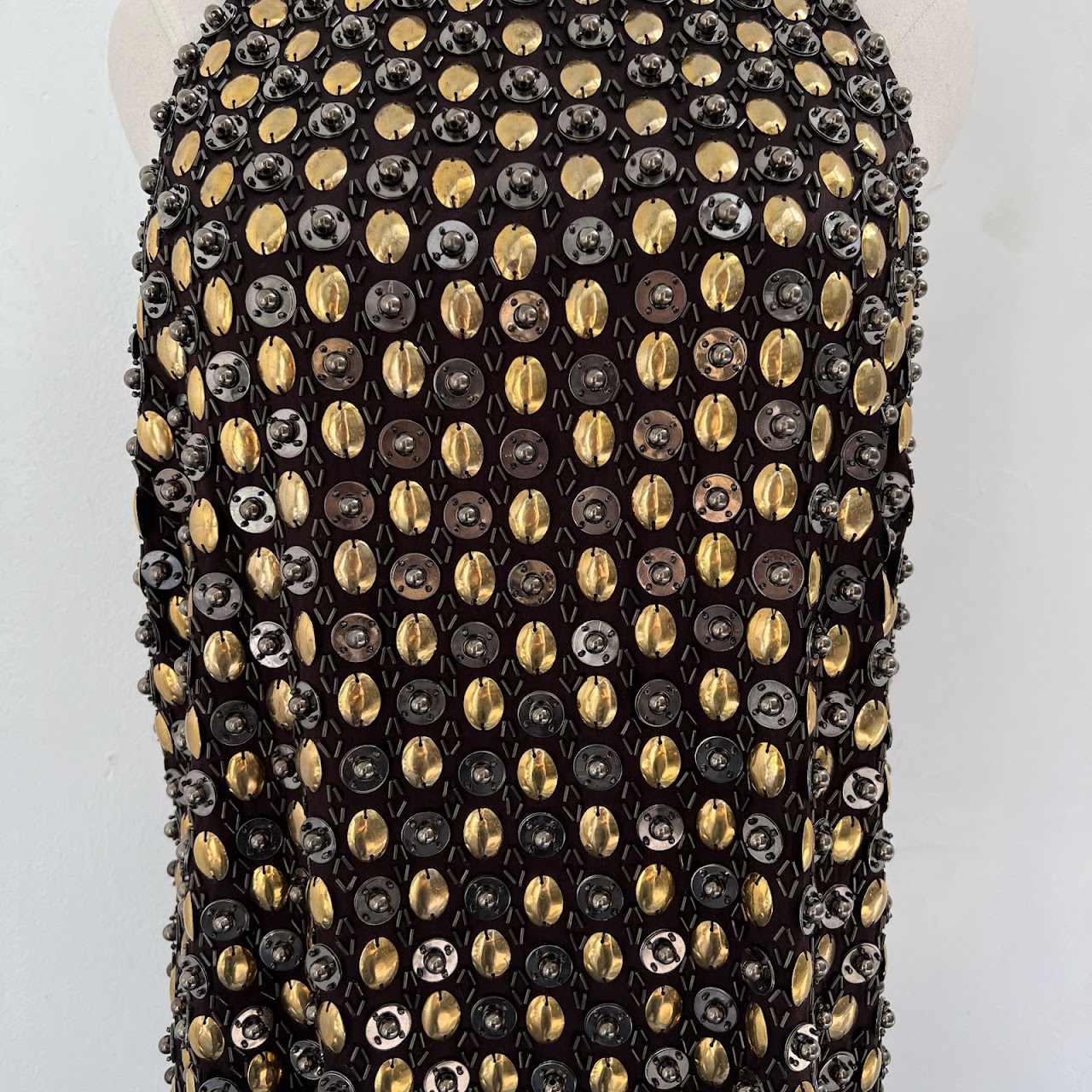 Salvatore Ferragamo Heavy Brass Embroidered Sleeveless Mini Dress