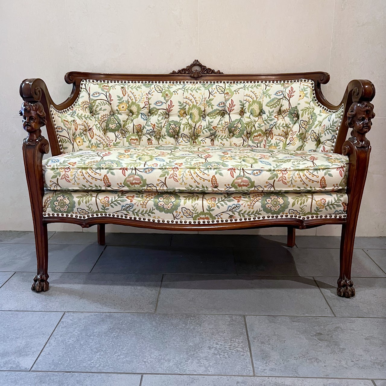 Baroque Revival Carved Mahogany and Floral Jacquard Settee