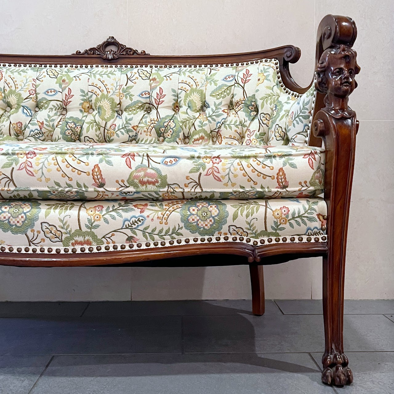 Baroque Revival Carved Mahogany and Floral Jacquard Settee