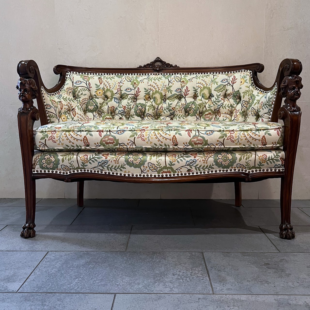 Baroque Revival Carved Mahogany and Floral Jacquard Settee