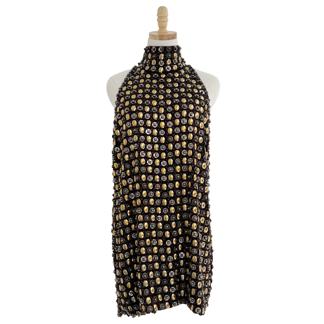 Salvatore Ferragamo Heavy Brass Embroidered Sleeveless Mini Dress