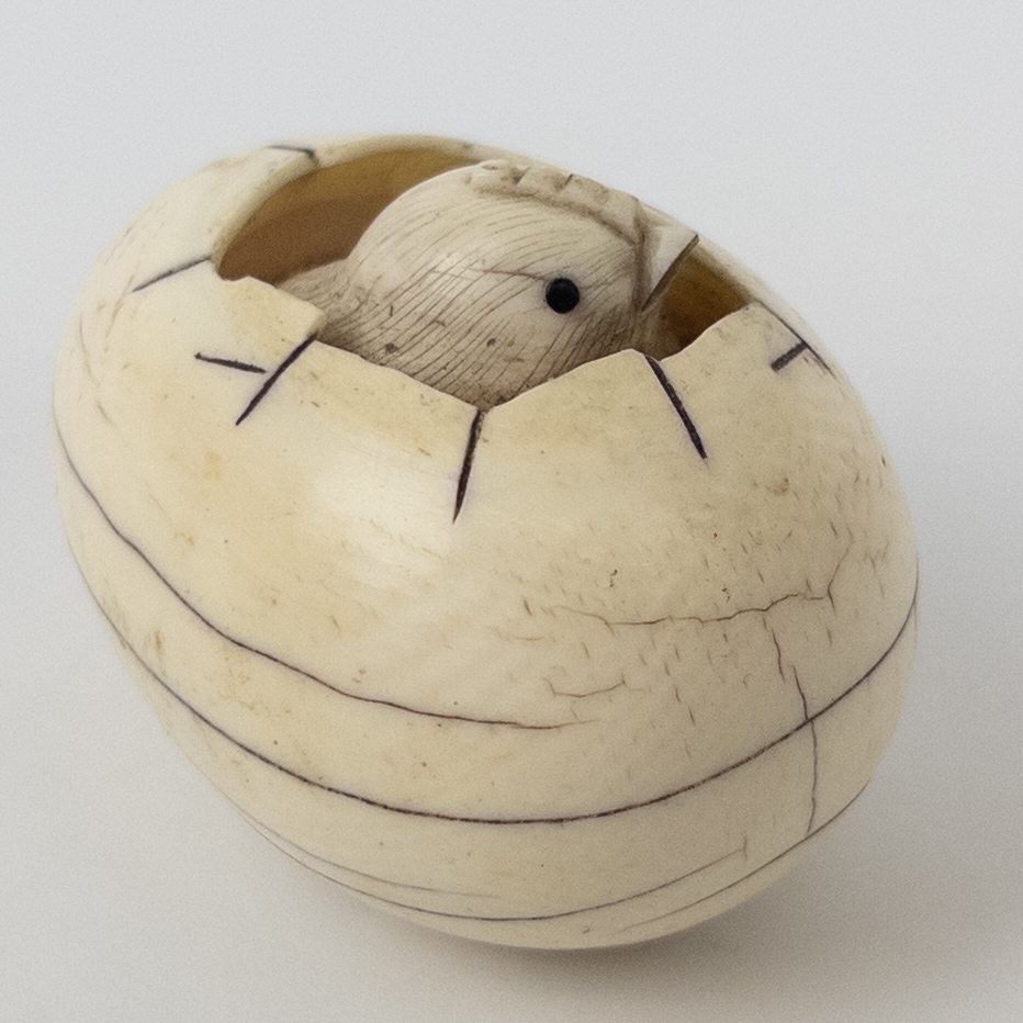 Miniature Hand Carved Bone Chick In Egg