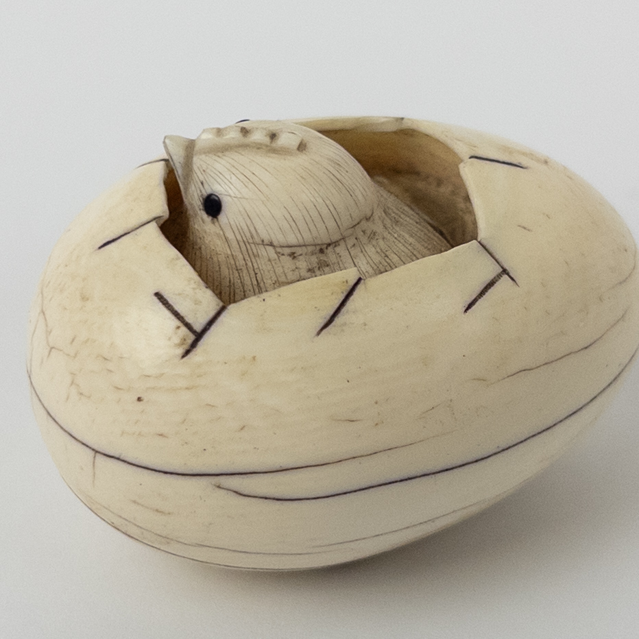 Miniature Hand Carved Bone Chick In Egg