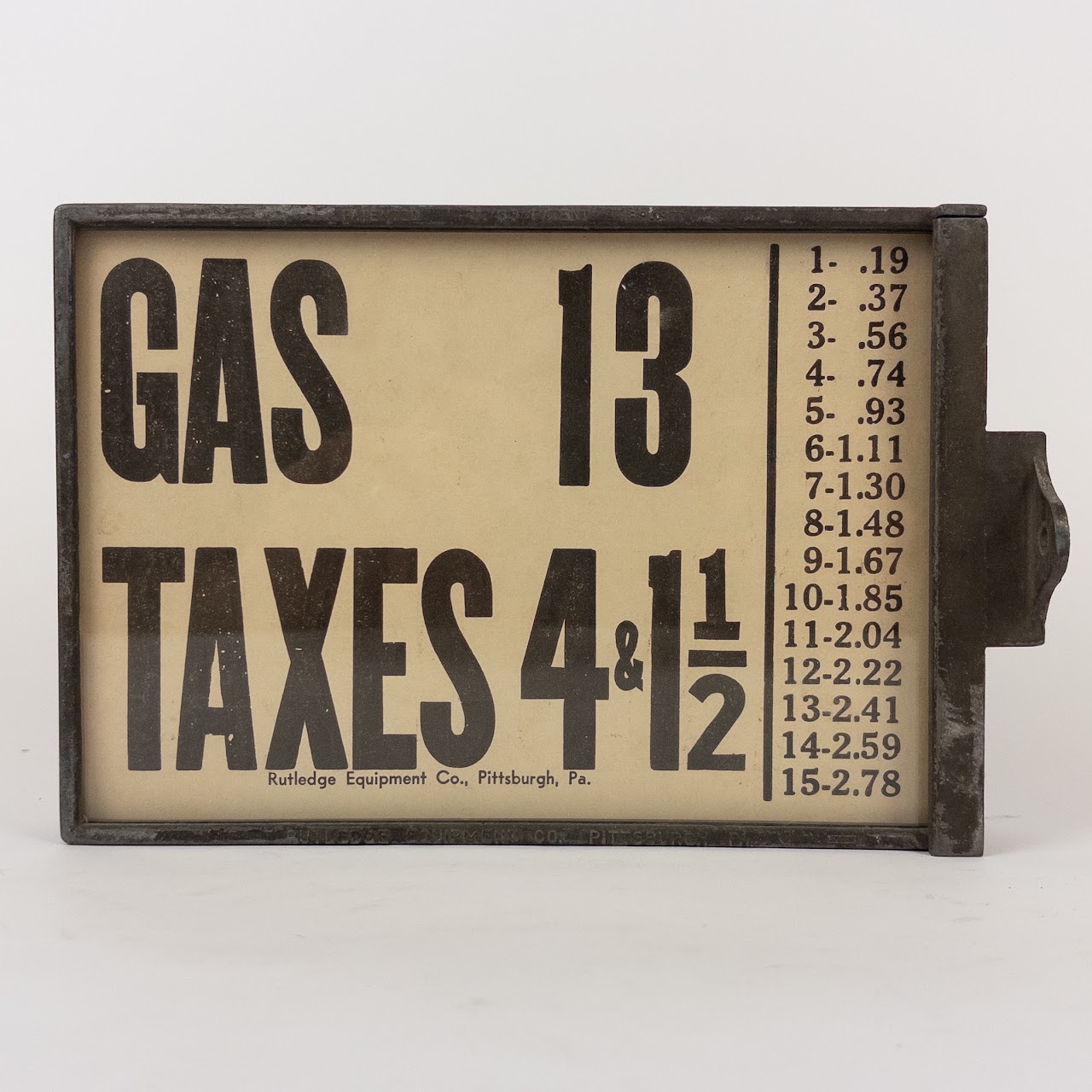 Rutledge Equipment Co. Antique Gas Pricing Sign