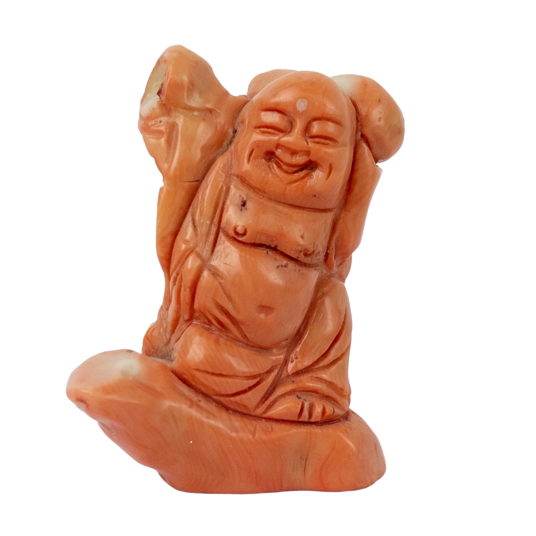 Coral Laughing Buddha Statuette