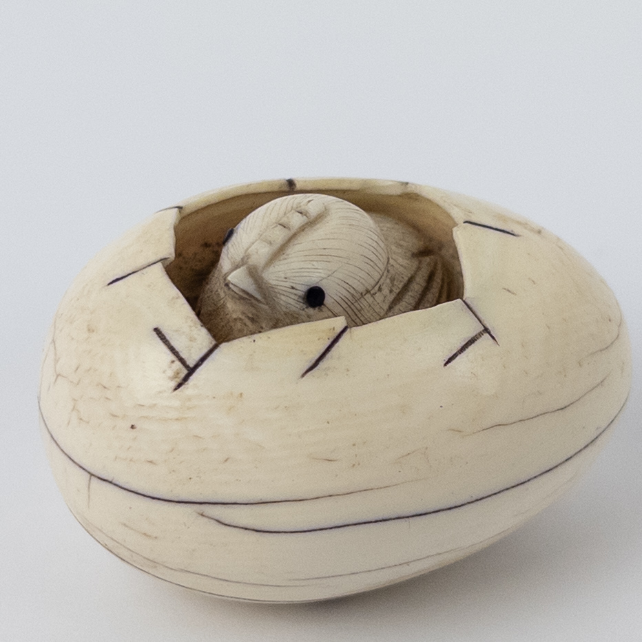 Miniature Hand Carved Bone Chick In Egg