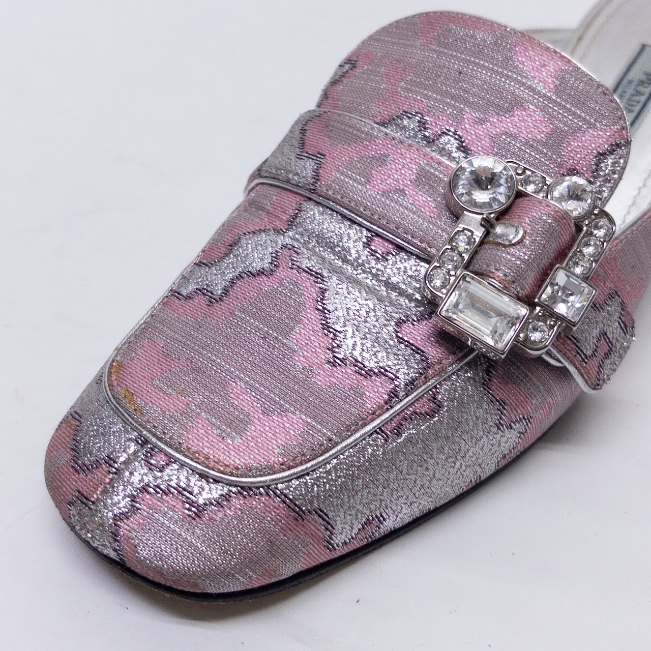 Prada Metallic Pink & Silver Brocade Jeweled Buckle Block Heel Mules