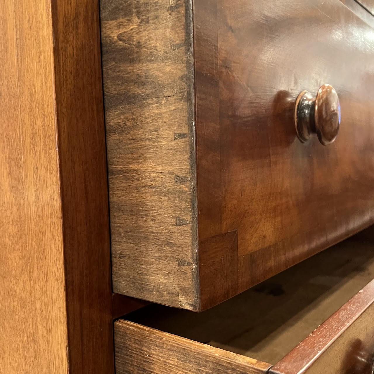 Victorian Flame Mahogany Bun Foot Six-Drawer Dresser