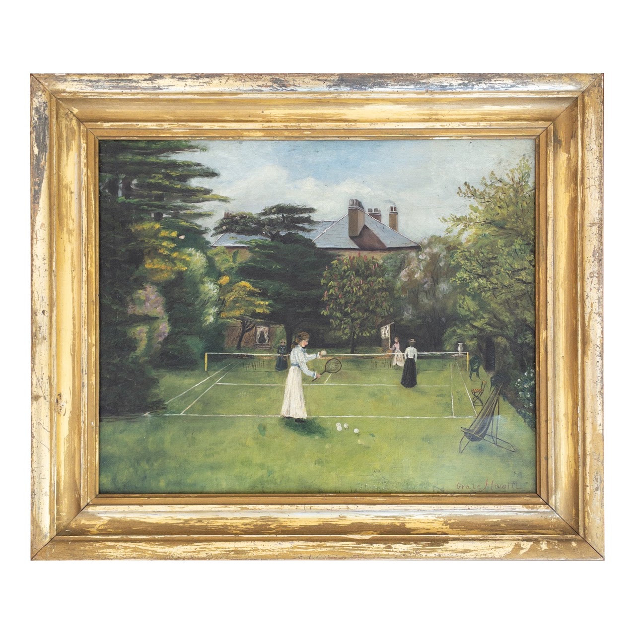 Grace Hewitt Antique 'Tennis Lawn' Signed Oil Painting