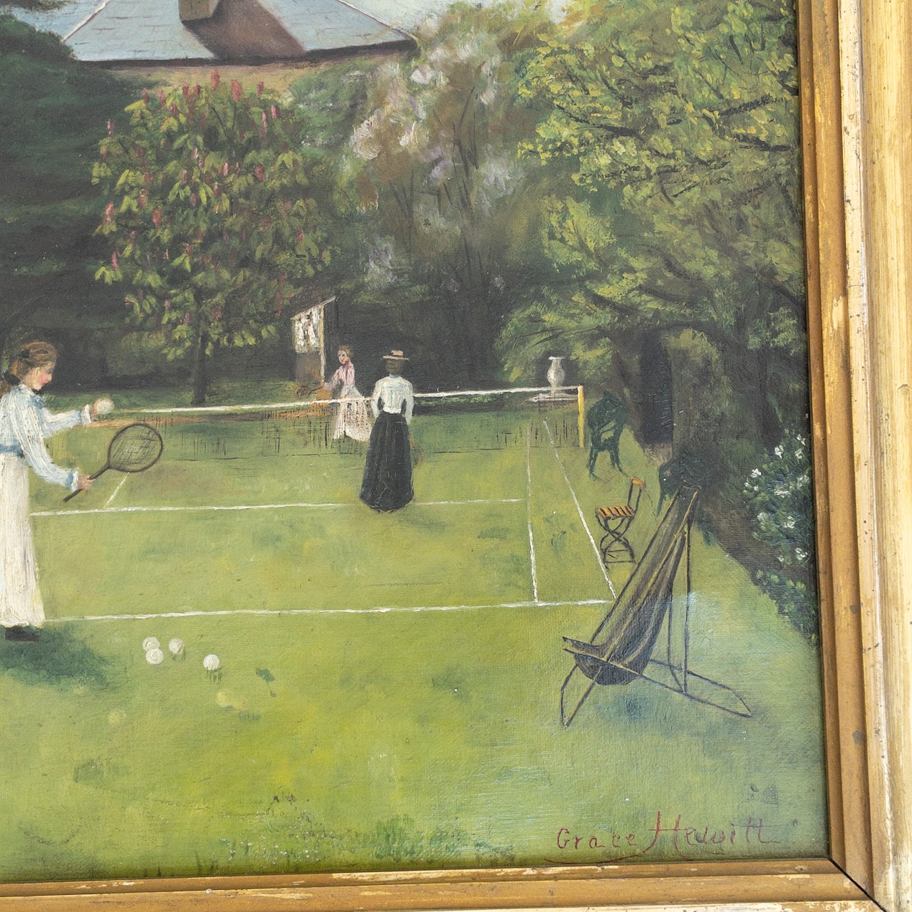 Grace Hewitt Antique 'Tennis Lawn' Signed Oil Painting