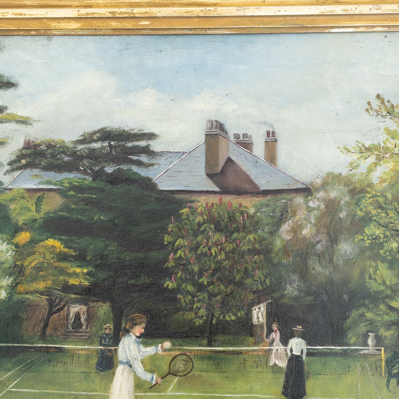 Grace Hewitt Antique 'Tennis Lawn' Signed Oil Painting