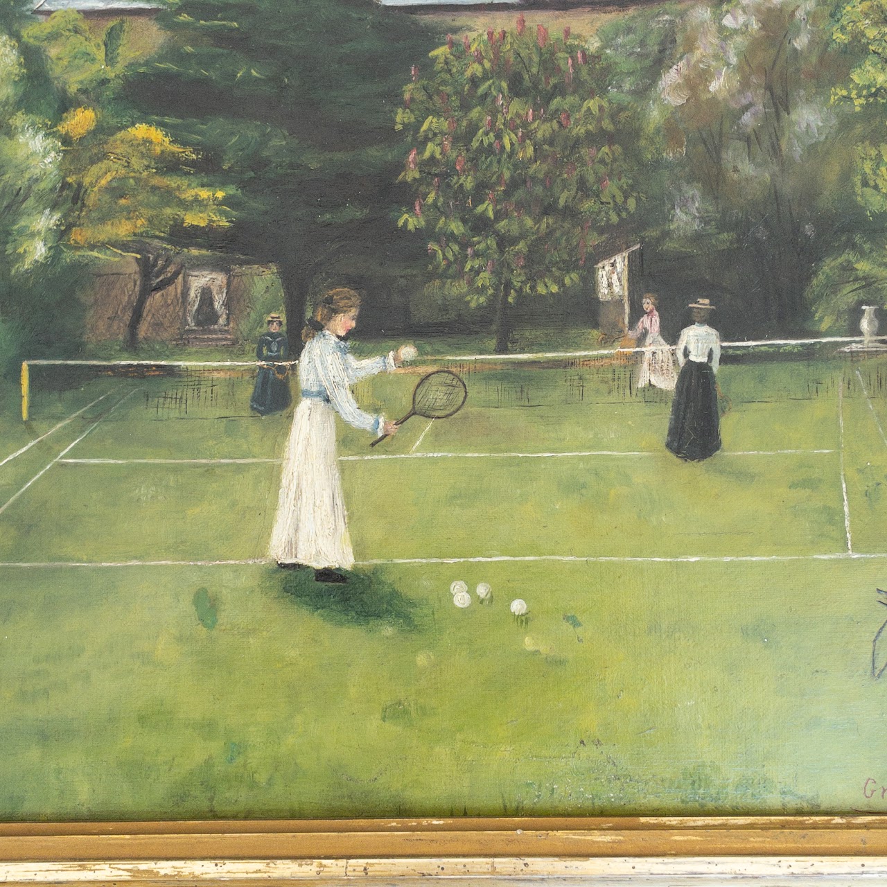 Grace Hewitt Antique 'Tennis Lawn' Signed Oil Painting