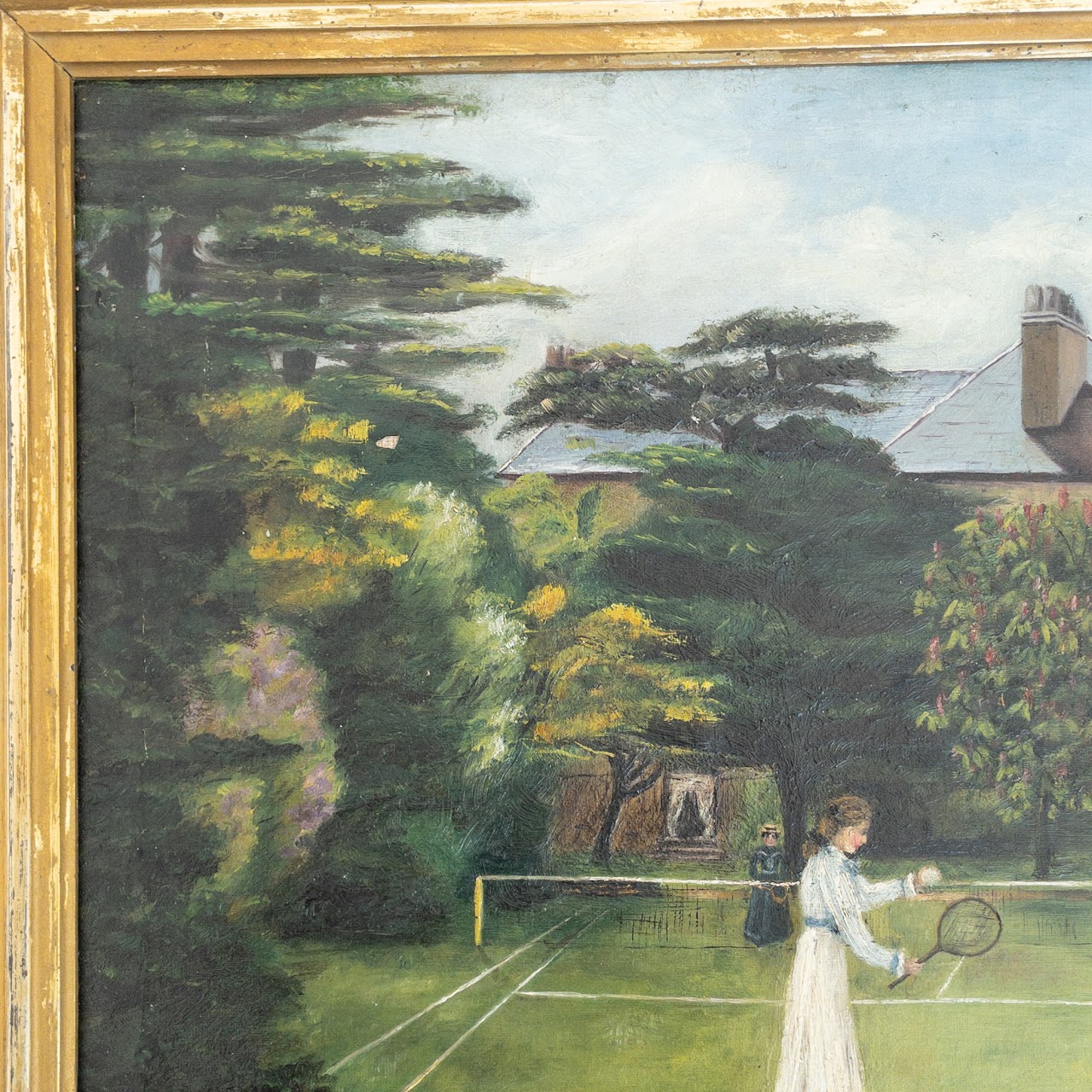 Grace Hewitt Antique 'Tennis Lawn' Signed Oil Painting