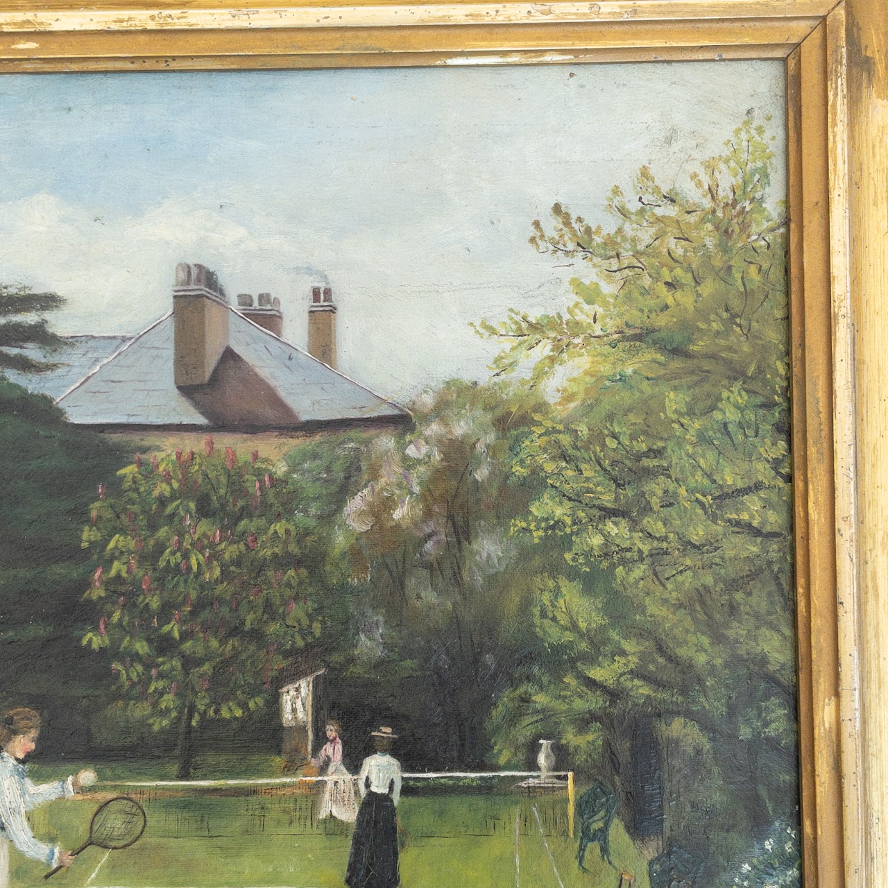 Grace Hewitt Antique 'Tennis Lawn' Signed Oil Painting