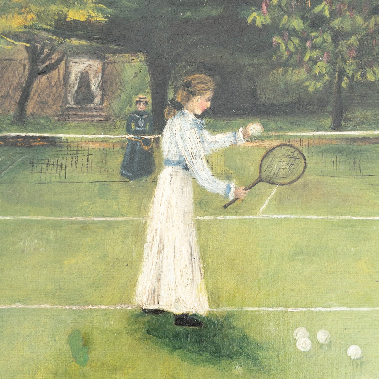 Grace Hewitt Antique 'Tennis Lawn' Signed Oil Painting