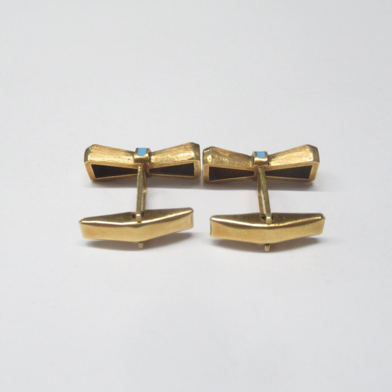 14K Gold & Blue Stone Etched Bow Tie Cuff Links