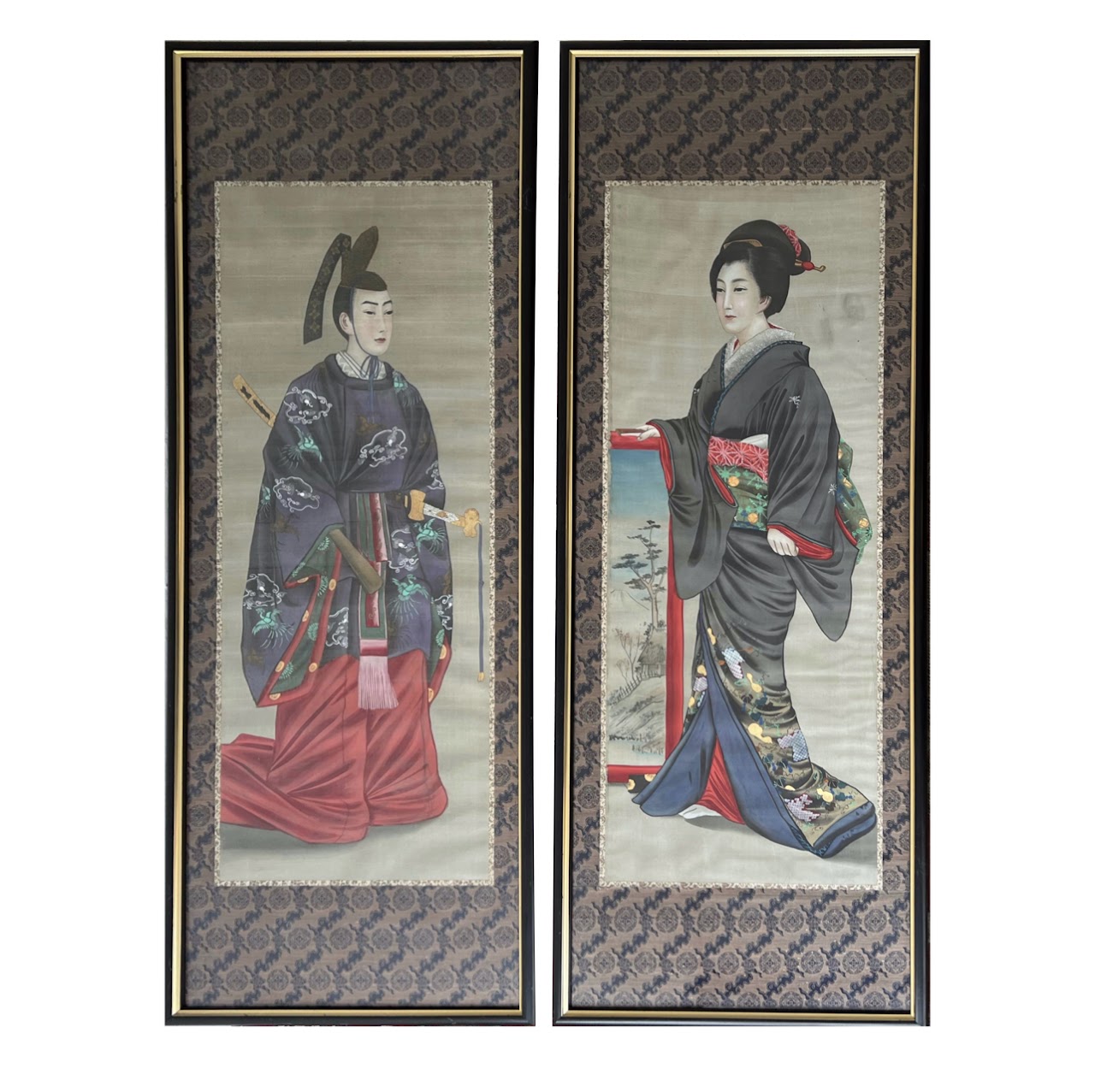 Japanese Large Scale Portrait Painting Pair