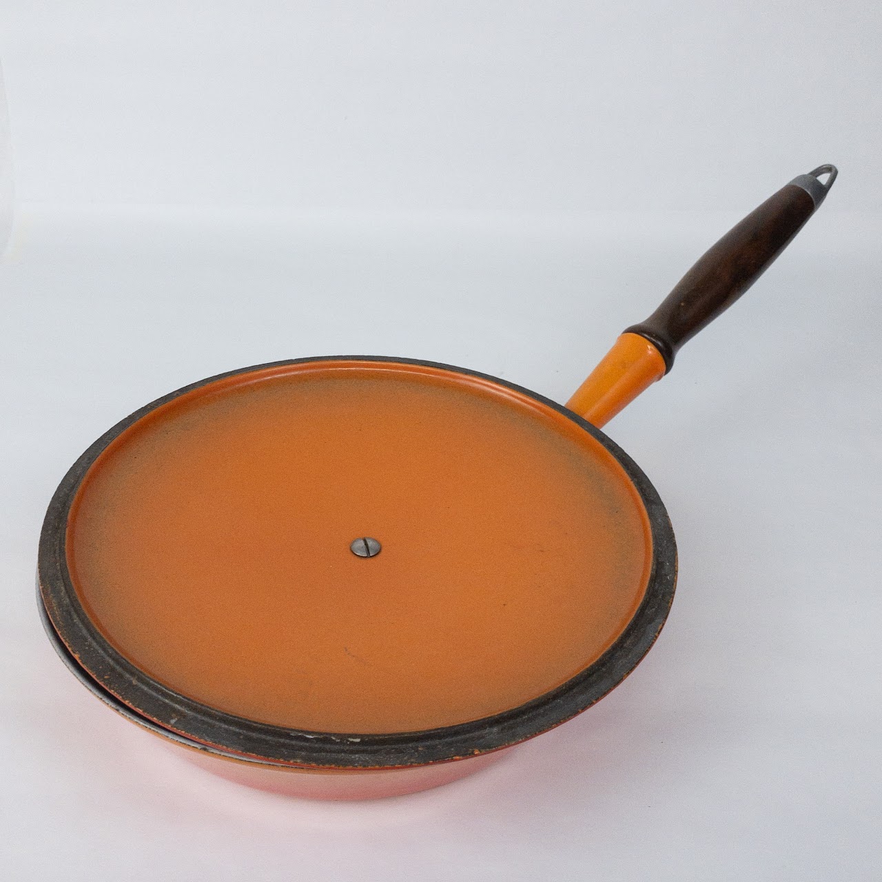 VINTAGE ORANGE ENAMEL CAST IRON SAUCE POT WTH WOD HANDLE FROM