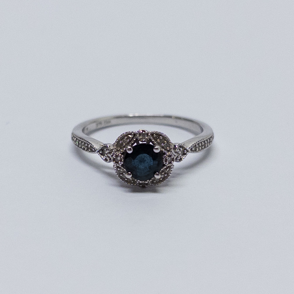 10K Diamond & Dark Blue Stone Ring